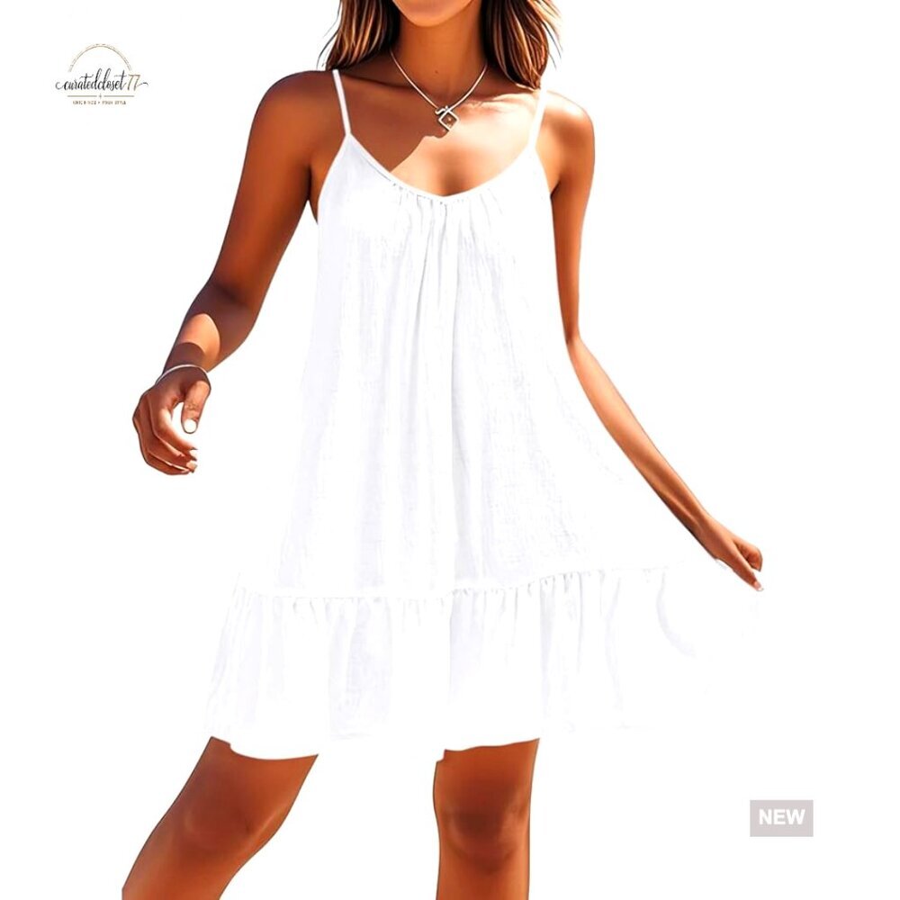 White Summer Cover Up Dress with Ruffle Hem Spaghetti Strap Loose Fit
